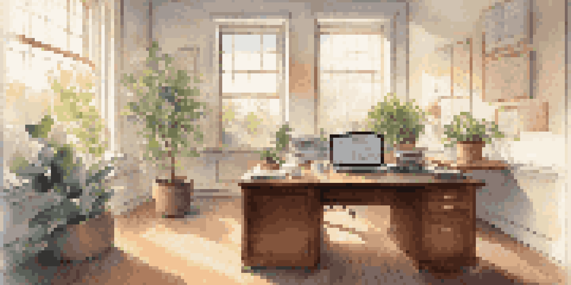 A tranquil office setting featuring a wooden desk with financial documents and a laptop showing stock market data, illuminated by soft natural light from a window.