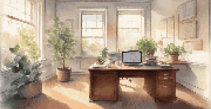 A tranquil office setting featuring a wooden desk with financial documents and a laptop showing stock market data, illuminated by soft natural light from a window.