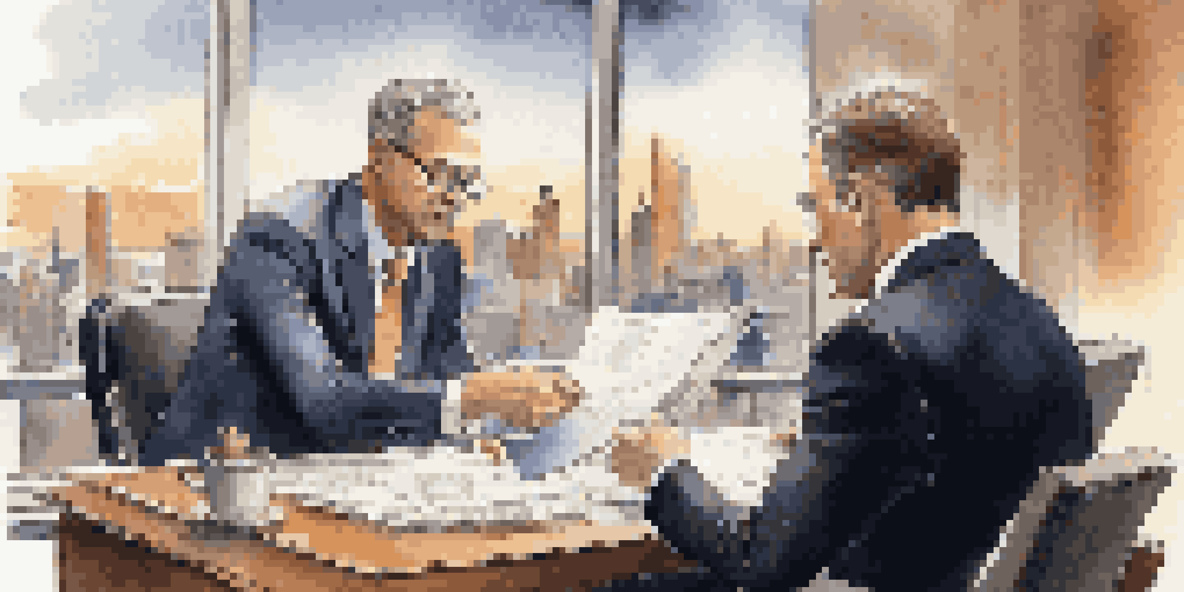 A male financial advisor in a suit explaining financial documents to a client at a desk, with a city skyline visible through the window.
