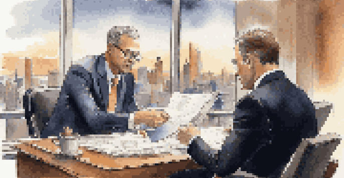 A male financial advisor in a suit explaining financial documents to a client at a desk, with a city skyline visible through the window.