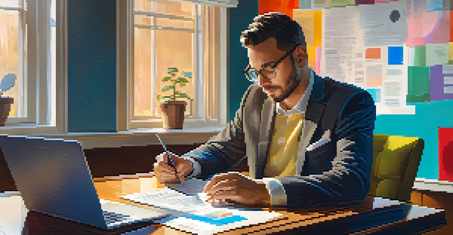 An entrepreneur reviewing financial documents at a table, surrounded by charts and a laptop.