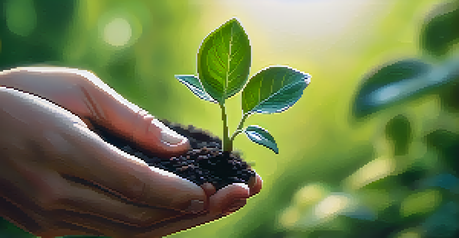 A close-up of a hand holding a small seedling in a green garden, symbolizing growth and sustainability.