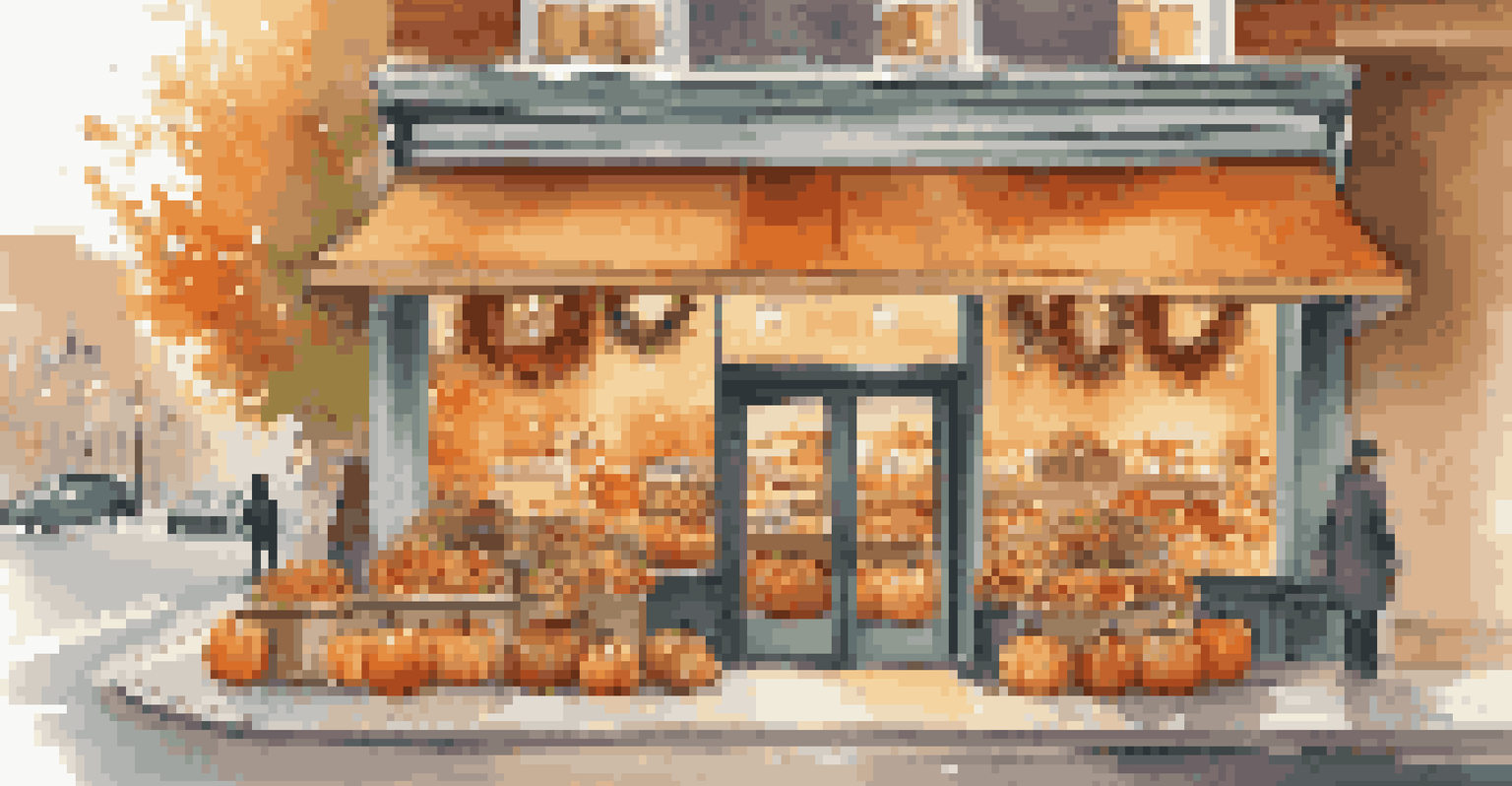 A charming retail store decorated for the holidays during autumn with festive lights and pumpkins.