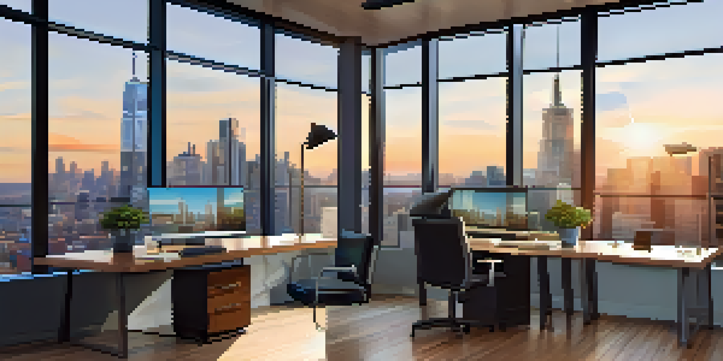 A peaceful investment office with a view of a city skyline during sunset, featuring a desk with a laptop and a small plant.