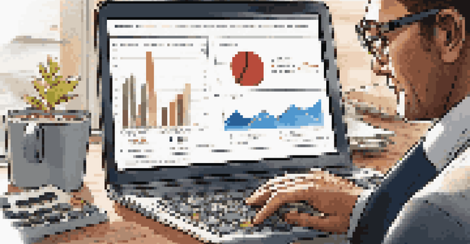A business professional reviewing cash flow metrics on a laptop in a modern office setting.