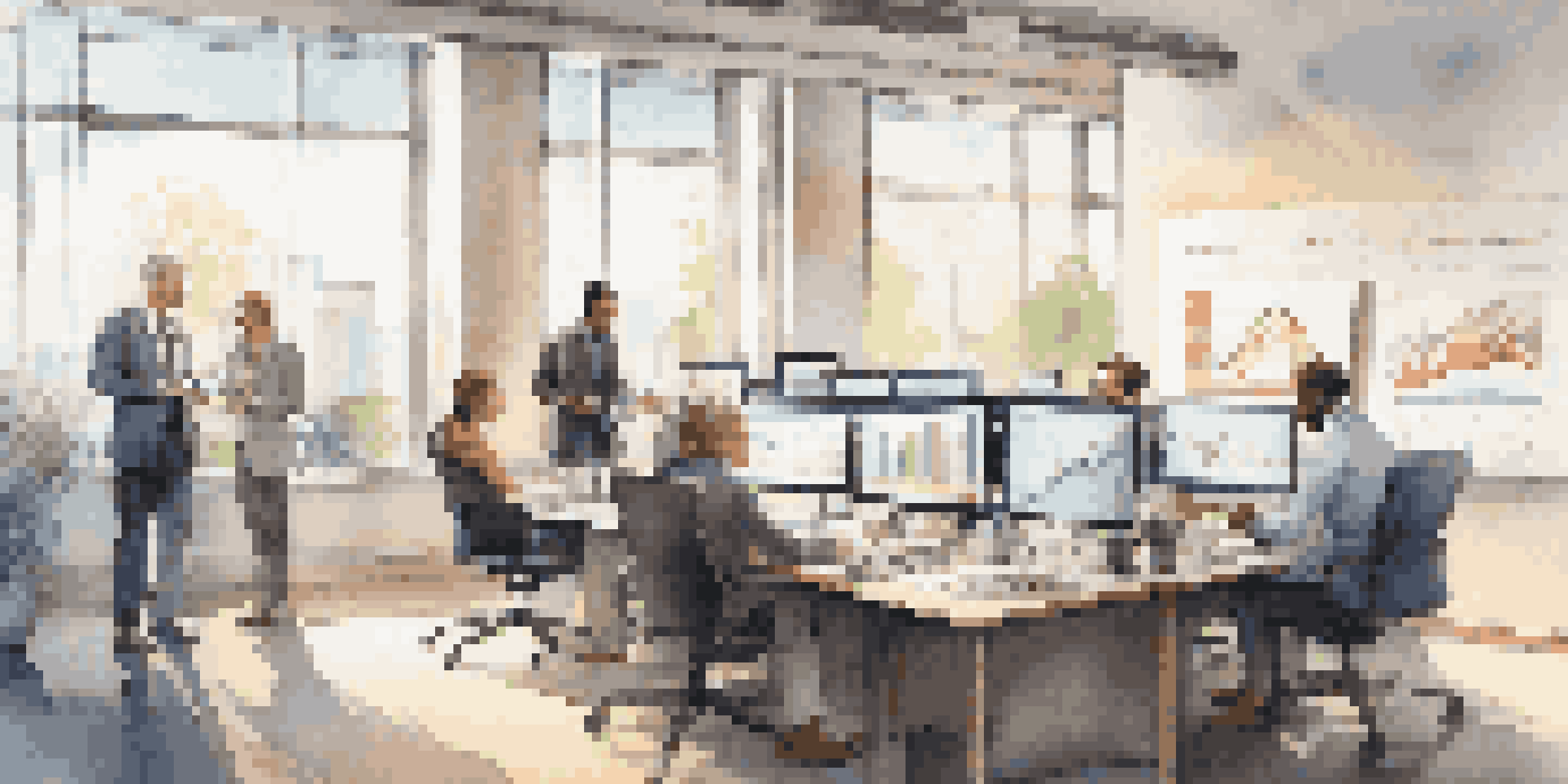 A group of diverse professionals in an office analyzing financial data on screens, with natural light and motivational quotes on the walls.
