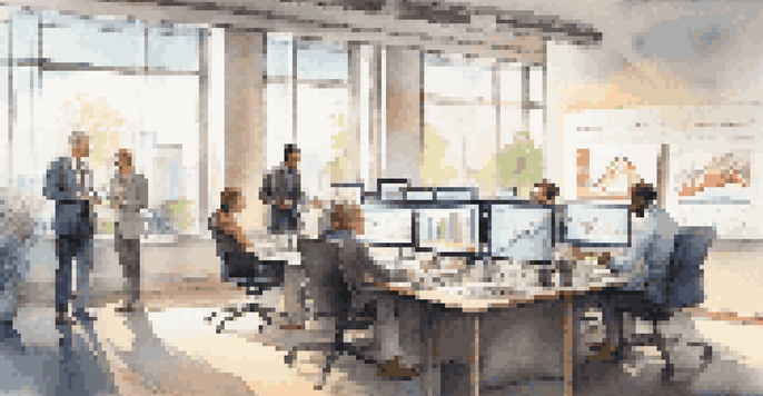 A group of diverse professionals in an office analyzing financial data on screens, with natural light and motivational quotes on the walls.