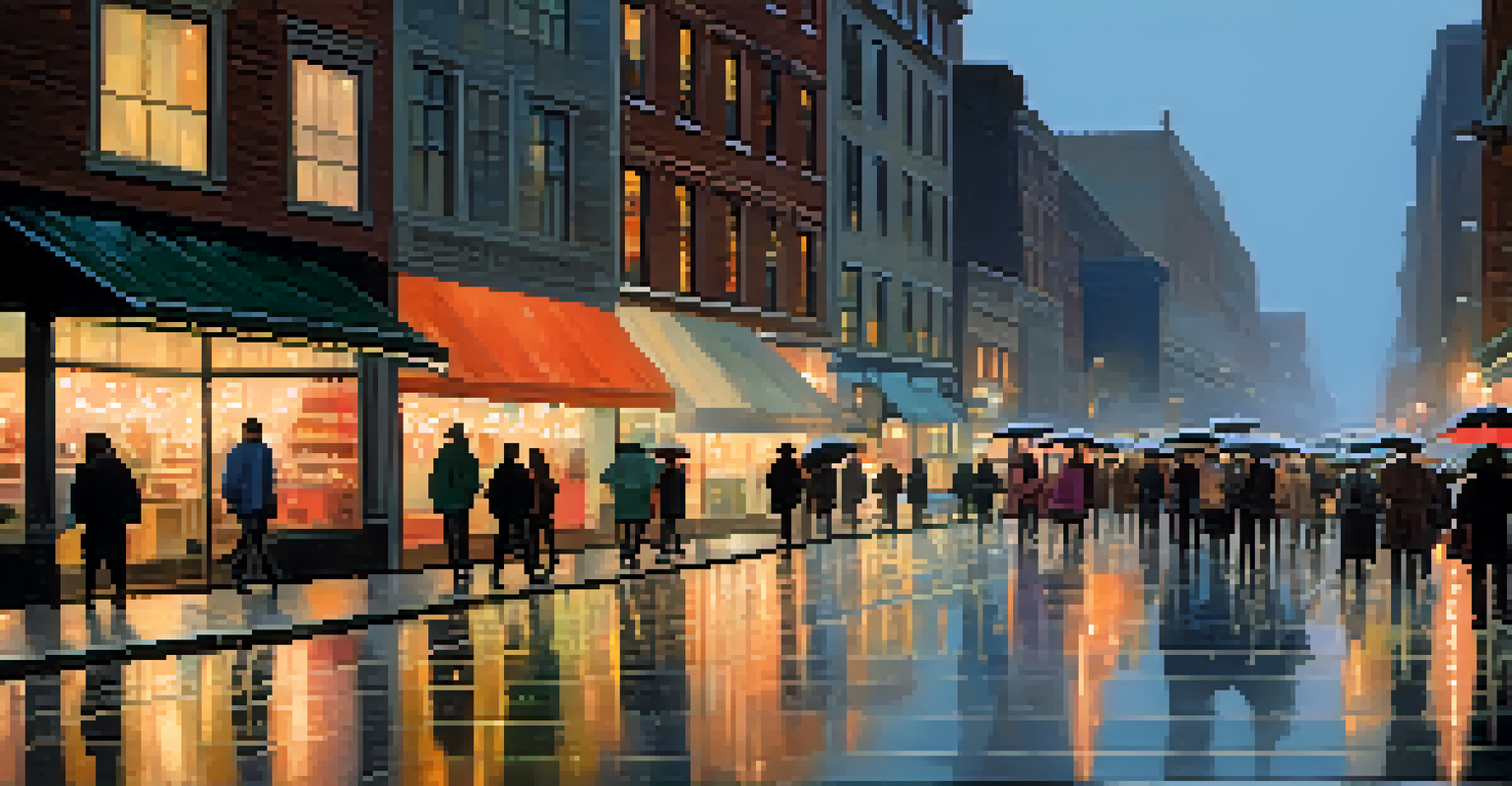 A busy urban street at dusk with city lights and people walking under umbrellas on wet pavement.