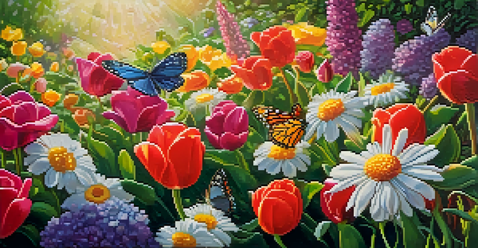 A colorful garden filled with blooming flowers and a butterfly, with dew drops glistening in the sunlight.