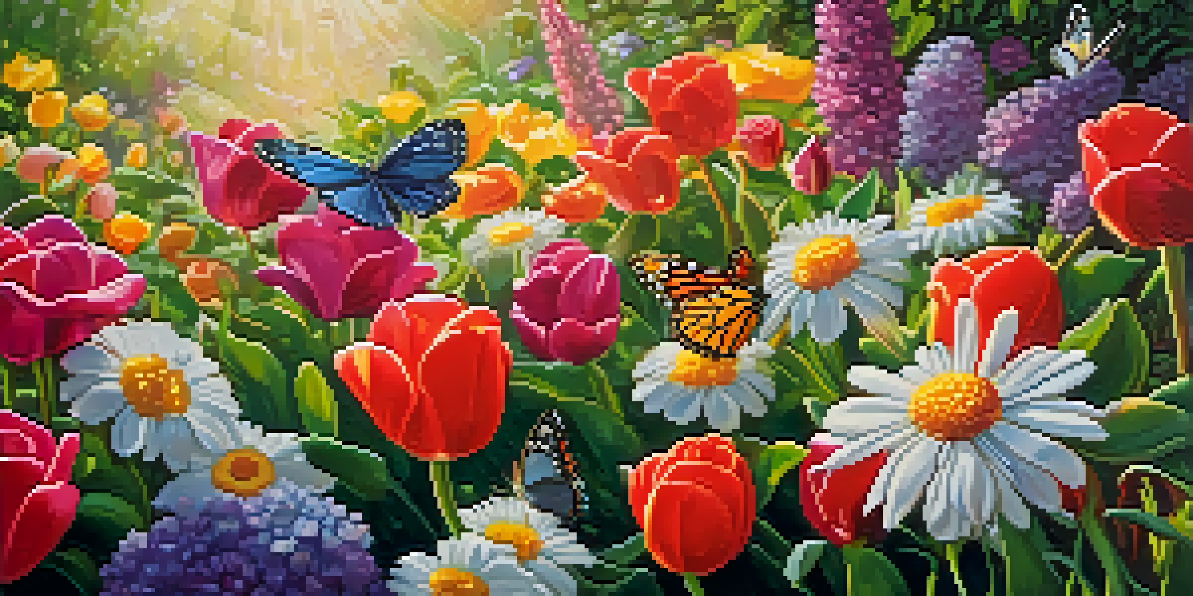A colorful garden filled with blooming flowers and a butterfly, with dew drops glistening in the sunlight.