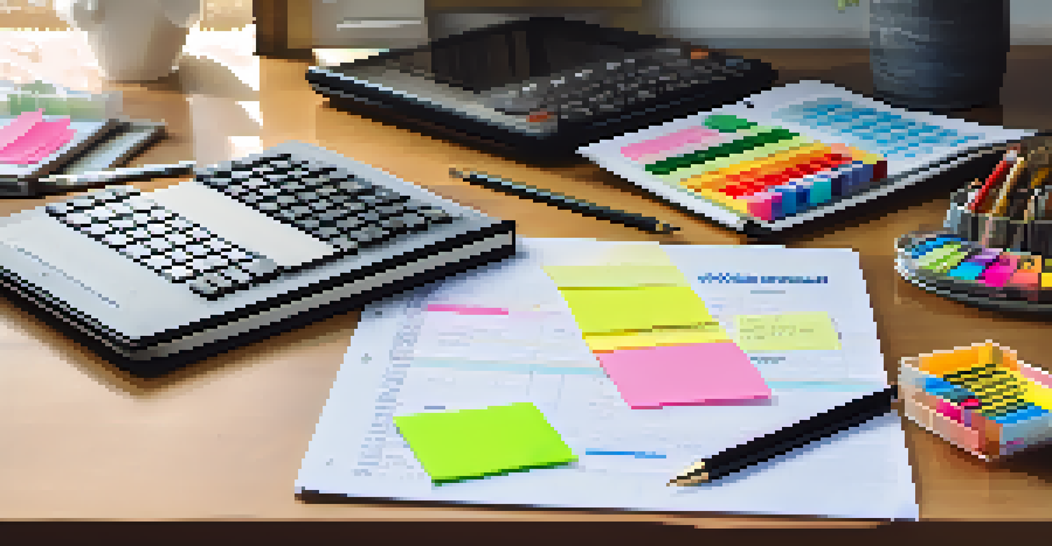 An organized desk with a budget planner, sticky notes, calculator, and piggy bank, well-lit to emphasize budgeting.