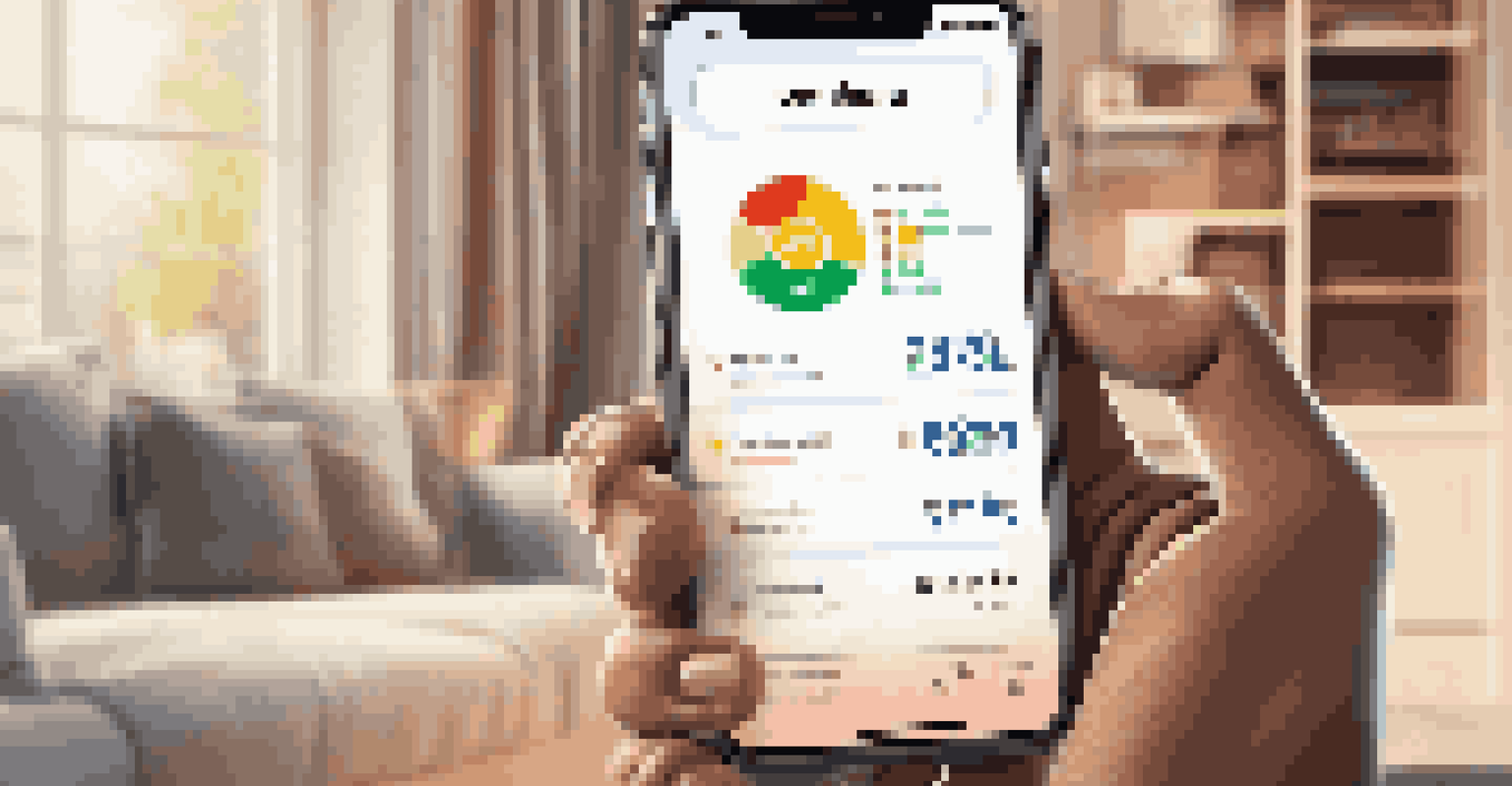 A hand holding a smartphone with a credit score app interface in a cozy living room setting.