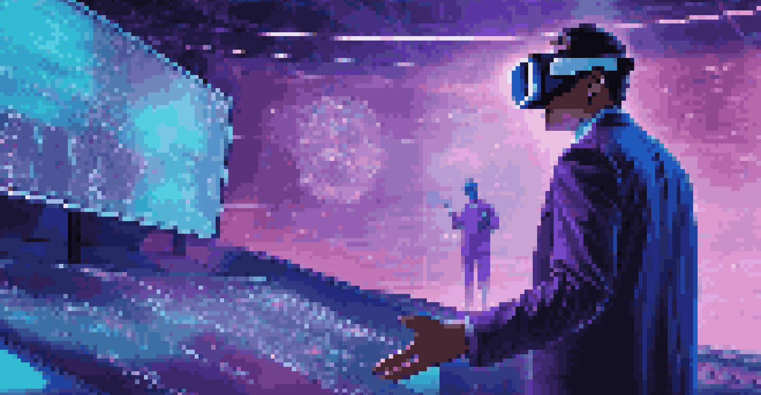 A trader using virtual reality technology to analyze stock market trends in a futuristic setting.