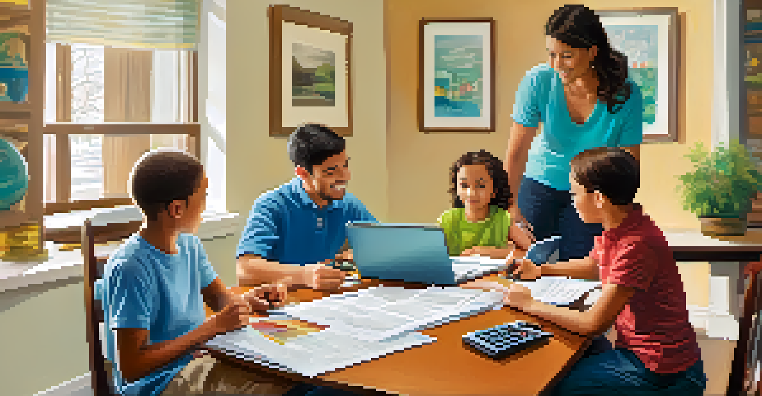 A family around a dining table discussing budgeting and finances, with papers and a laptop present.
