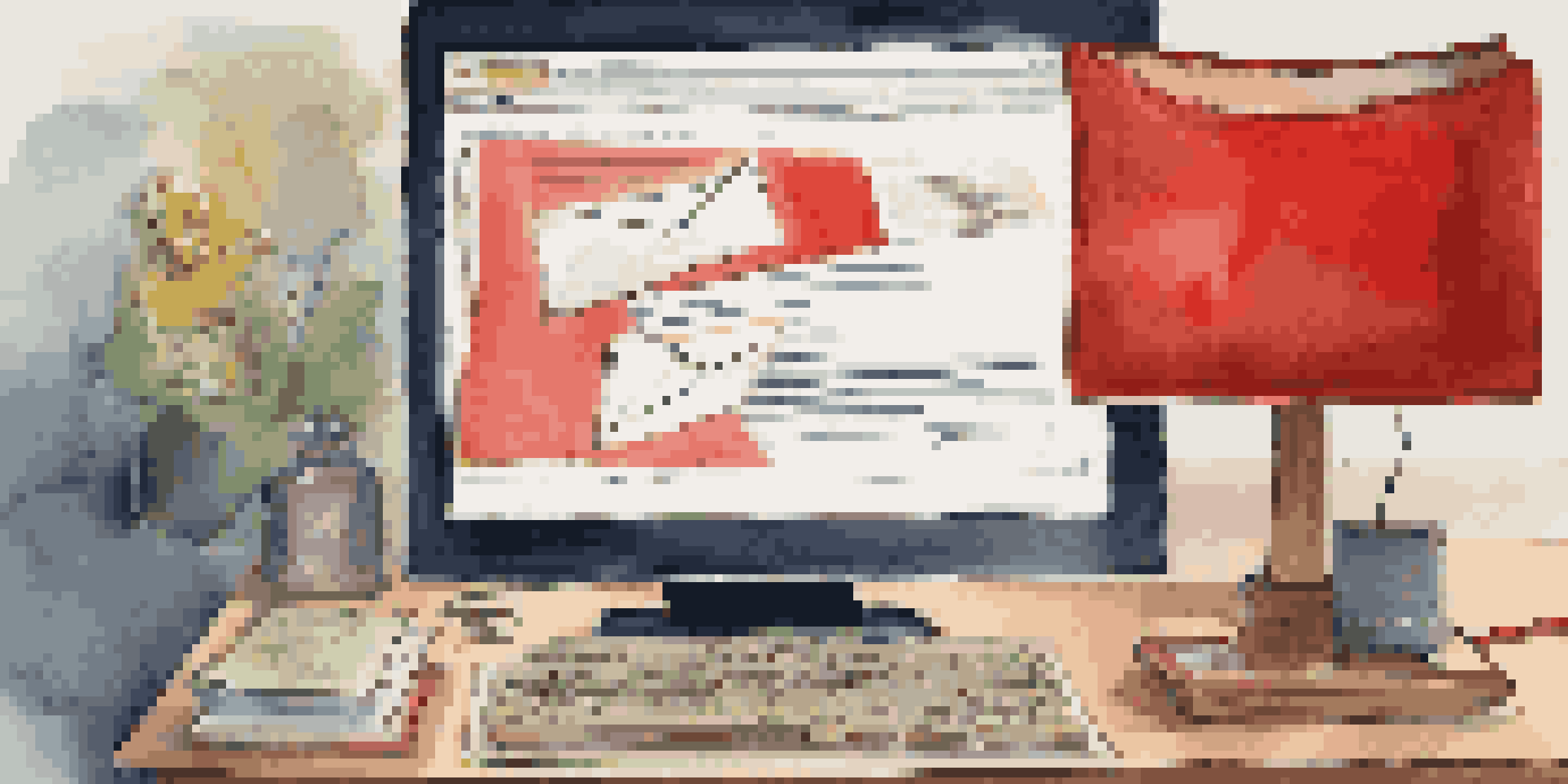 A close-up of a computer screen showing an email inbox with investment offers, a hand hovering over the mouse, and a notepad with notes about investment red flags.