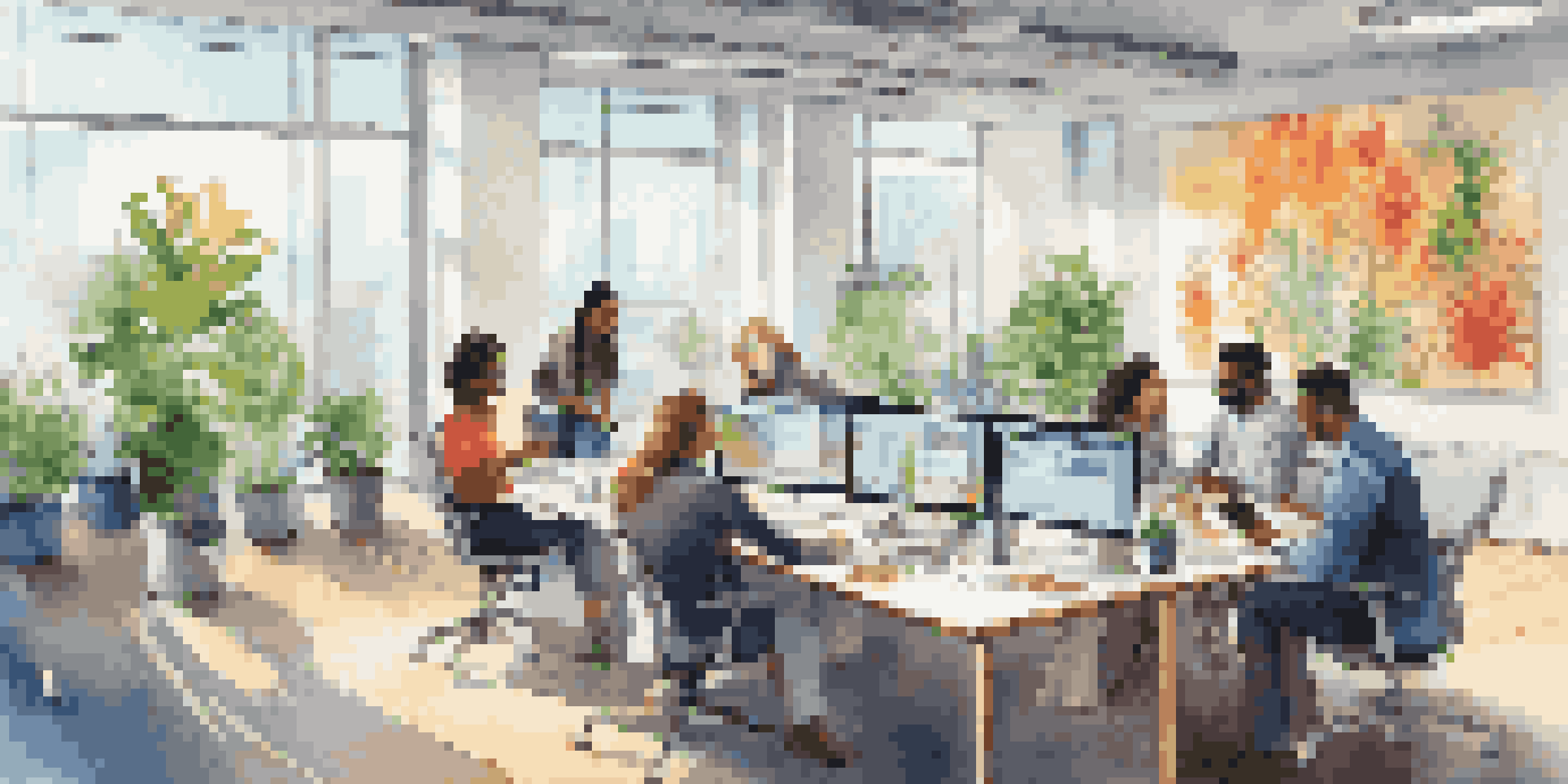 A diverse group of employees working together in a bright office environment, engaged in discussion around a conference table filled with documents and digital devices.