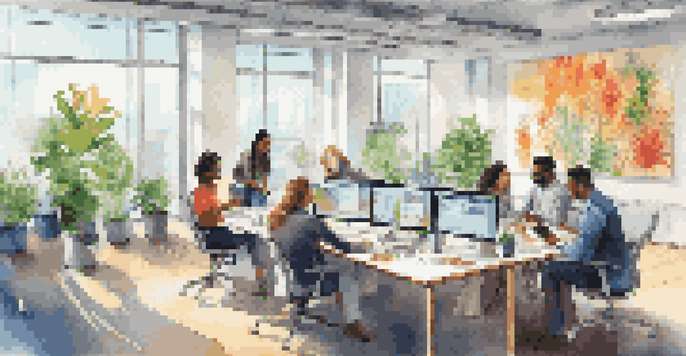 A diverse group of employees working together in a bright office environment, engaged in discussion around a conference table filled with documents and digital devices.