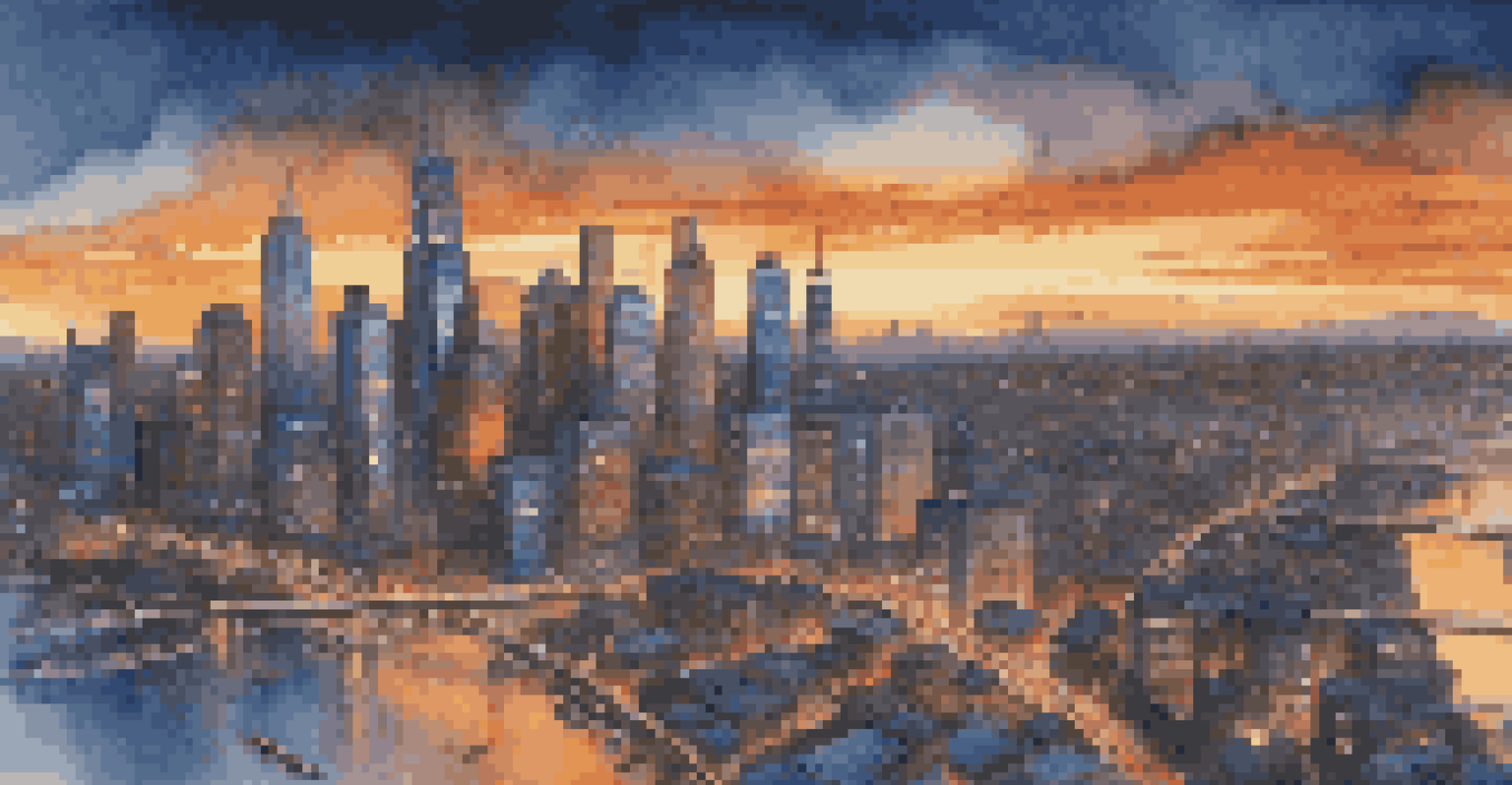 A vibrant city skyline at dusk with illuminated skyscrapers and a river, showcasing the energy of urban life.