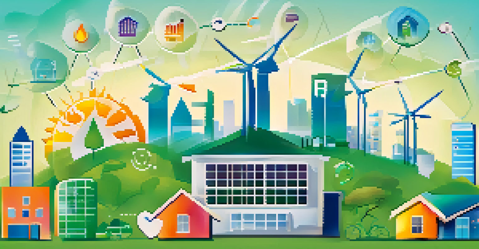 An infographic showing interconnected icons for clean energy, affordable housing, and education against a gradient background.