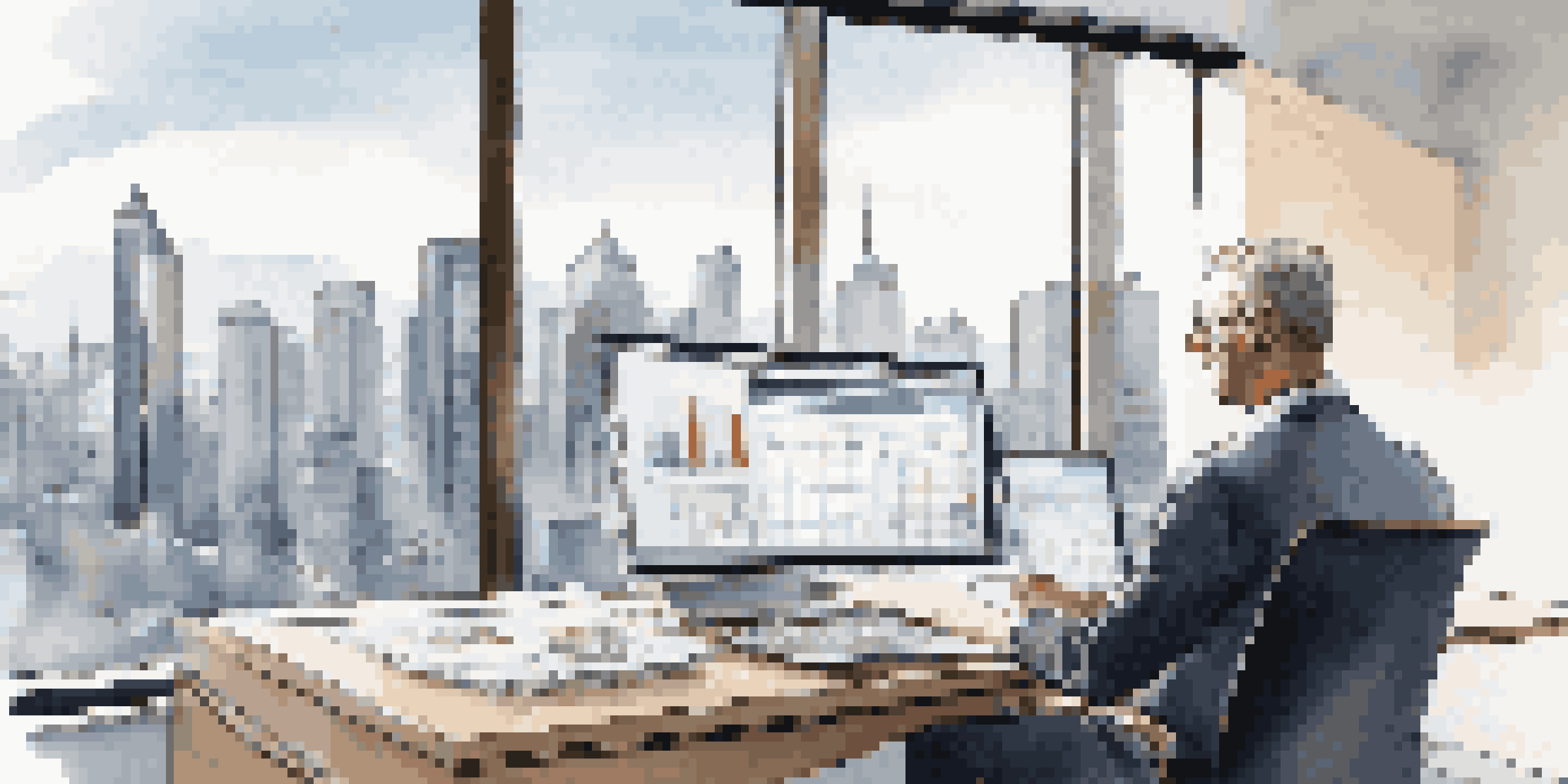 A financial advisor interacting with a client while showing financial graphs on a screen, with a city skyline in the background.