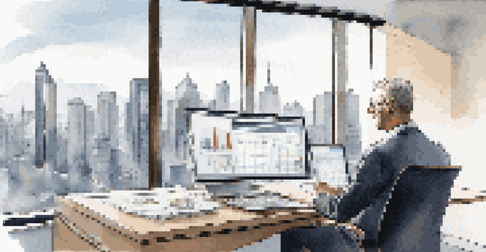 A financial advisor interacting with a client while showing financial graphs on a screen, with a city skyline in the background.