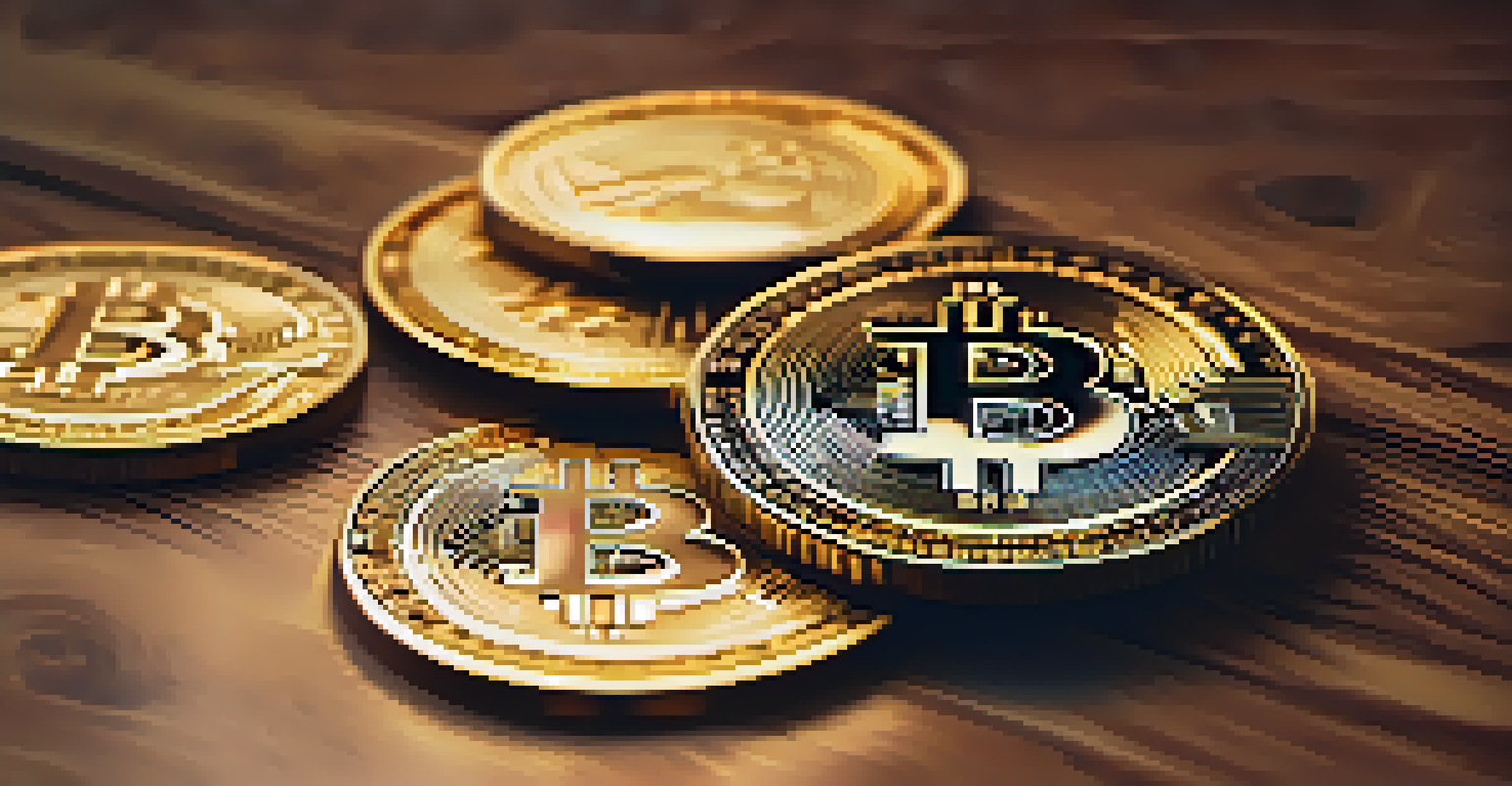 Close-up of a Bitcoin coin on a wooden table with warm lighting and blurred stacks of traditional currencies in the background.
