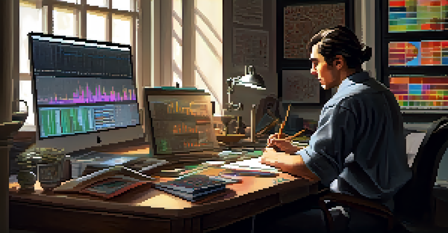 A trader's workspace with a computer displaying candlestick patterns, surrounded by trading tools and natural light.