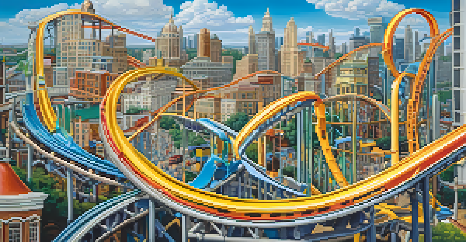 A whimsical rollercoaster made of buildings symbolizing the fluctuations of real estate investments, with happy investors riding it.