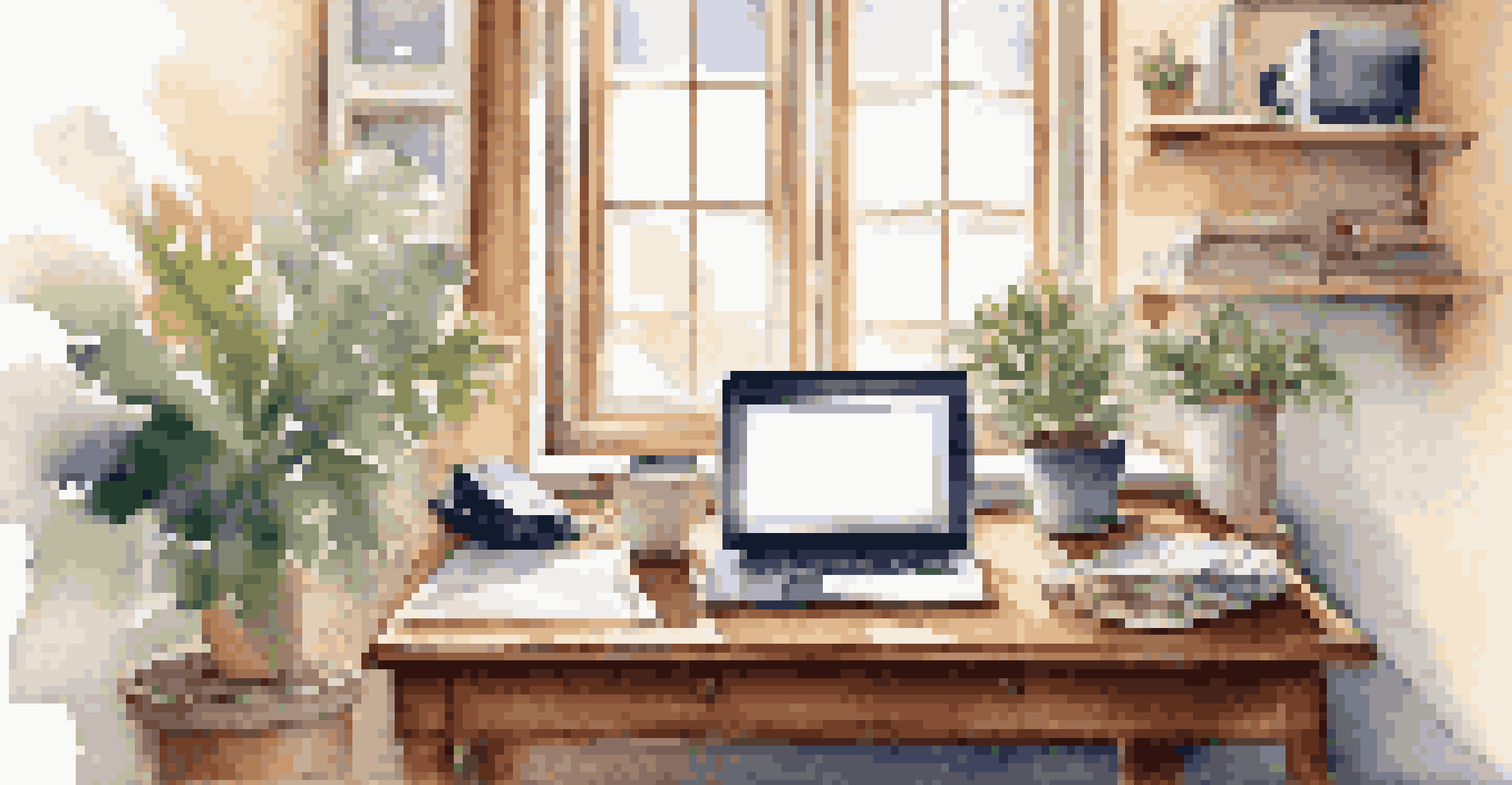 A peaceful home office with a wooden desk, laptop, potted plant, and coffee cup, illuminated by soft natural light.