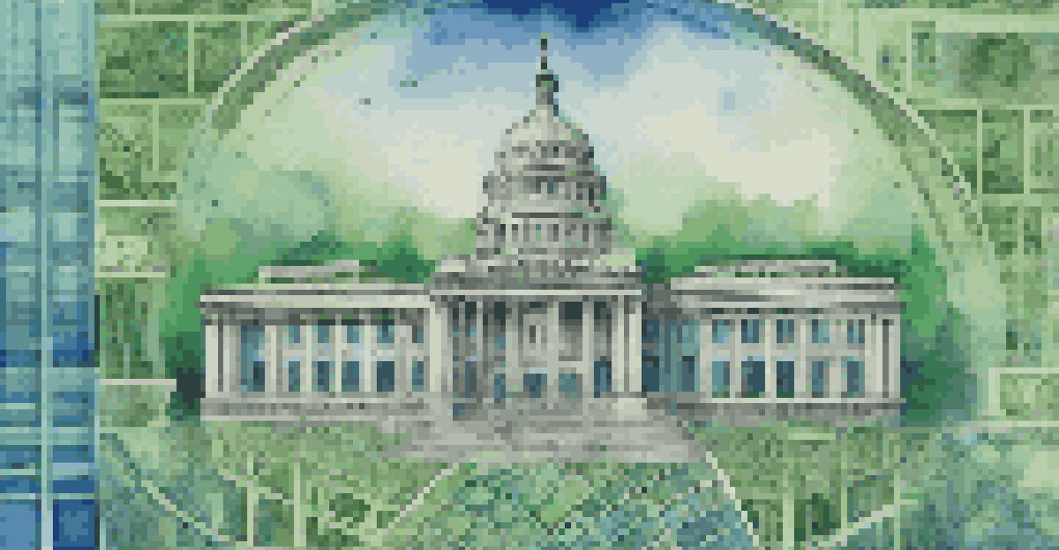 An abstract image showing a scale balancing a government building and stock market graphs, symbolizing the connection between politics and investments.