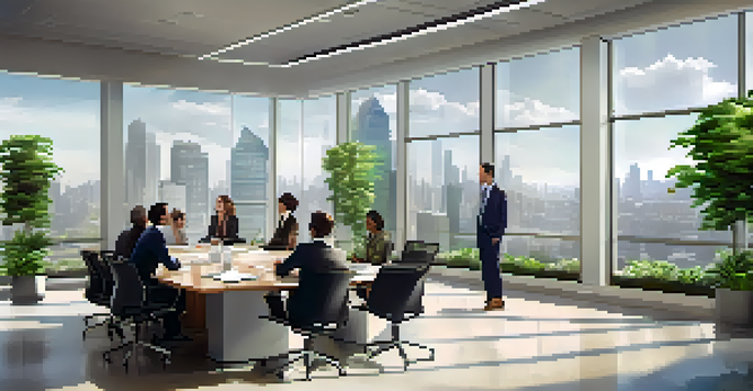 A diverse group of professionals having a strategic discussion in a modern office with a city skyline view.