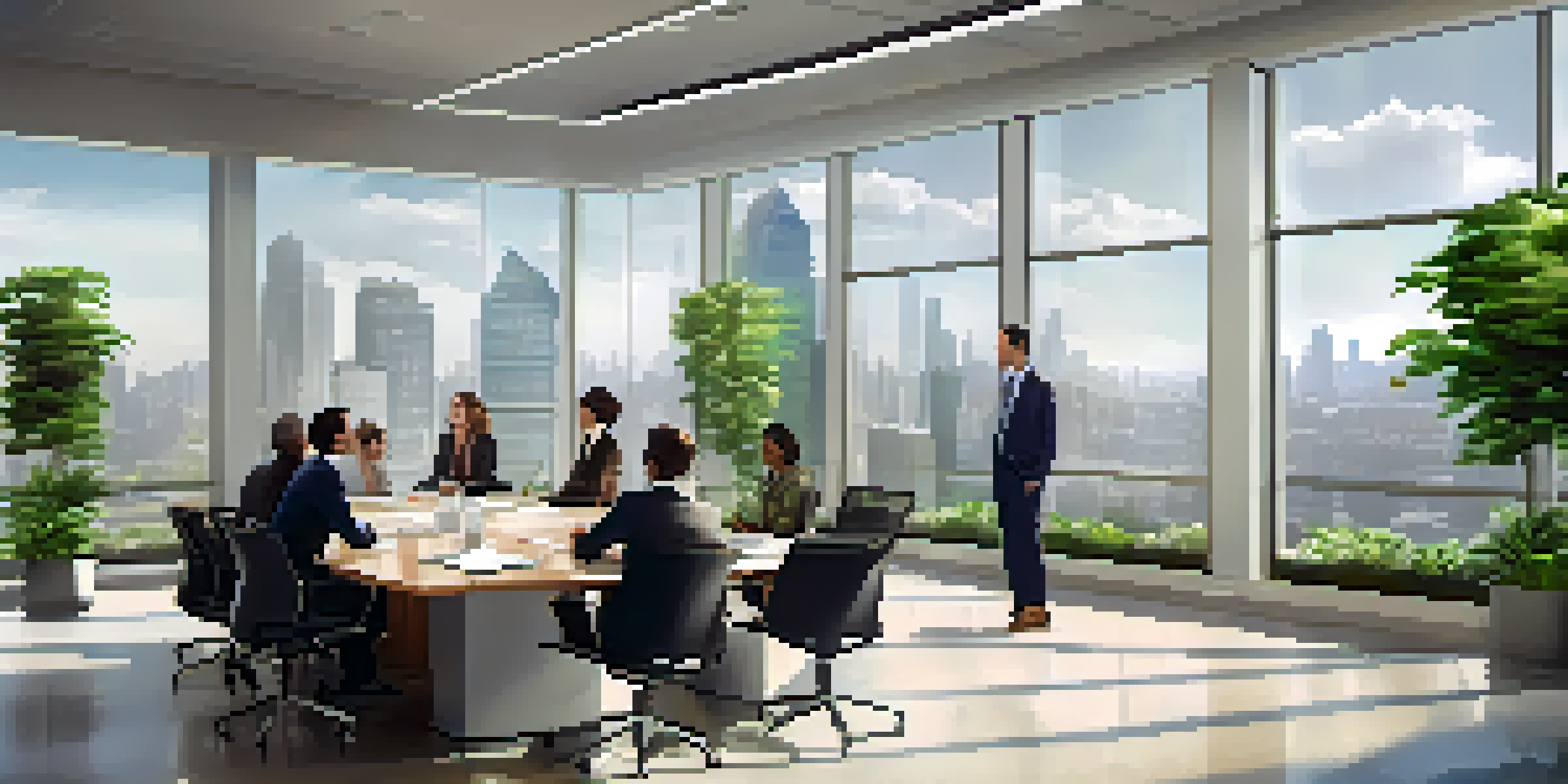 A diverse group of professionals having a strategic discussion in a modern office with a city skyline view.