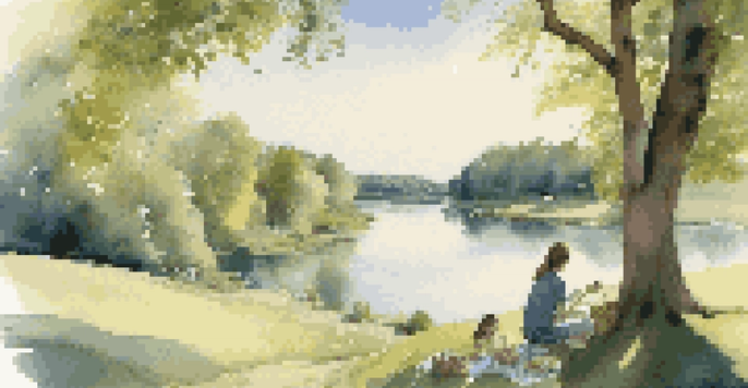 A young couple sitting on a picnic blanket by a winding river, discussing financial goals in a lush green landscape.