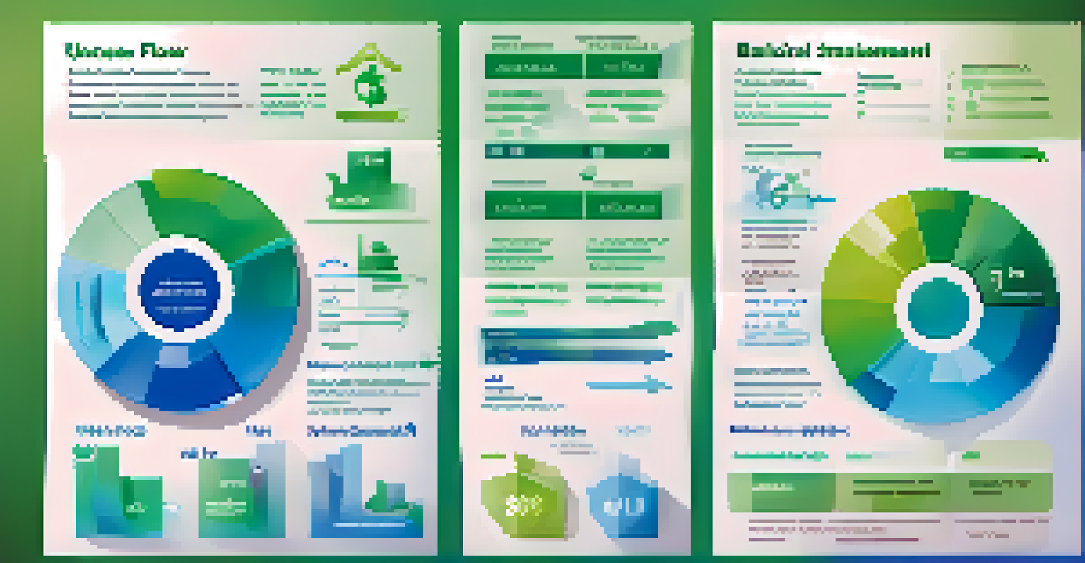 An infographic depicting three financial statements with icons and descriptions against a blue and green gradient background.