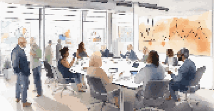 A diverse group of individuals discussing investment strategies in a bright, modern conference room.