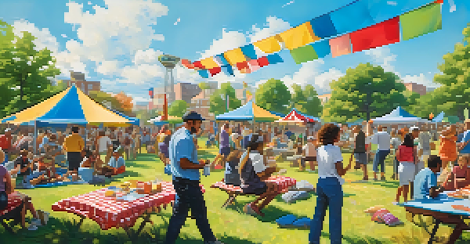 A lively park scene with diverse people enjoying activities like games and workshops, surrounded by colorful banners and picnic setups.