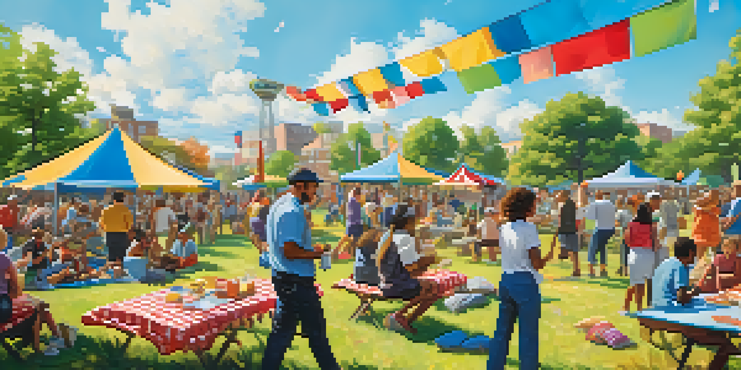 A lively park scene with diverse people enjoying activities like games and workshops, surrounded by colorful banners and picnic setups.