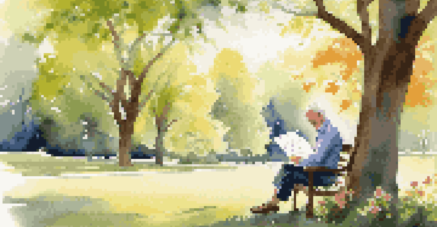 A person in a park reviewing retirement plan documents, surrounded by colorful flowers and trees in a sunny setting.