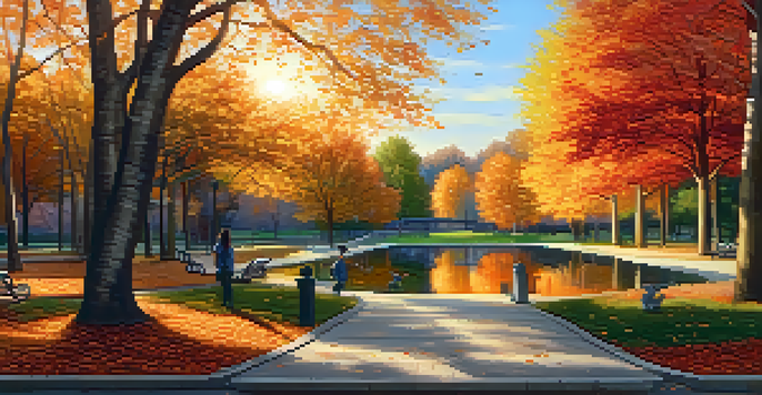 A peaceful autumn park with colorful leaves, a winding path, benches, and a pond reflecting the scenery during sunset.