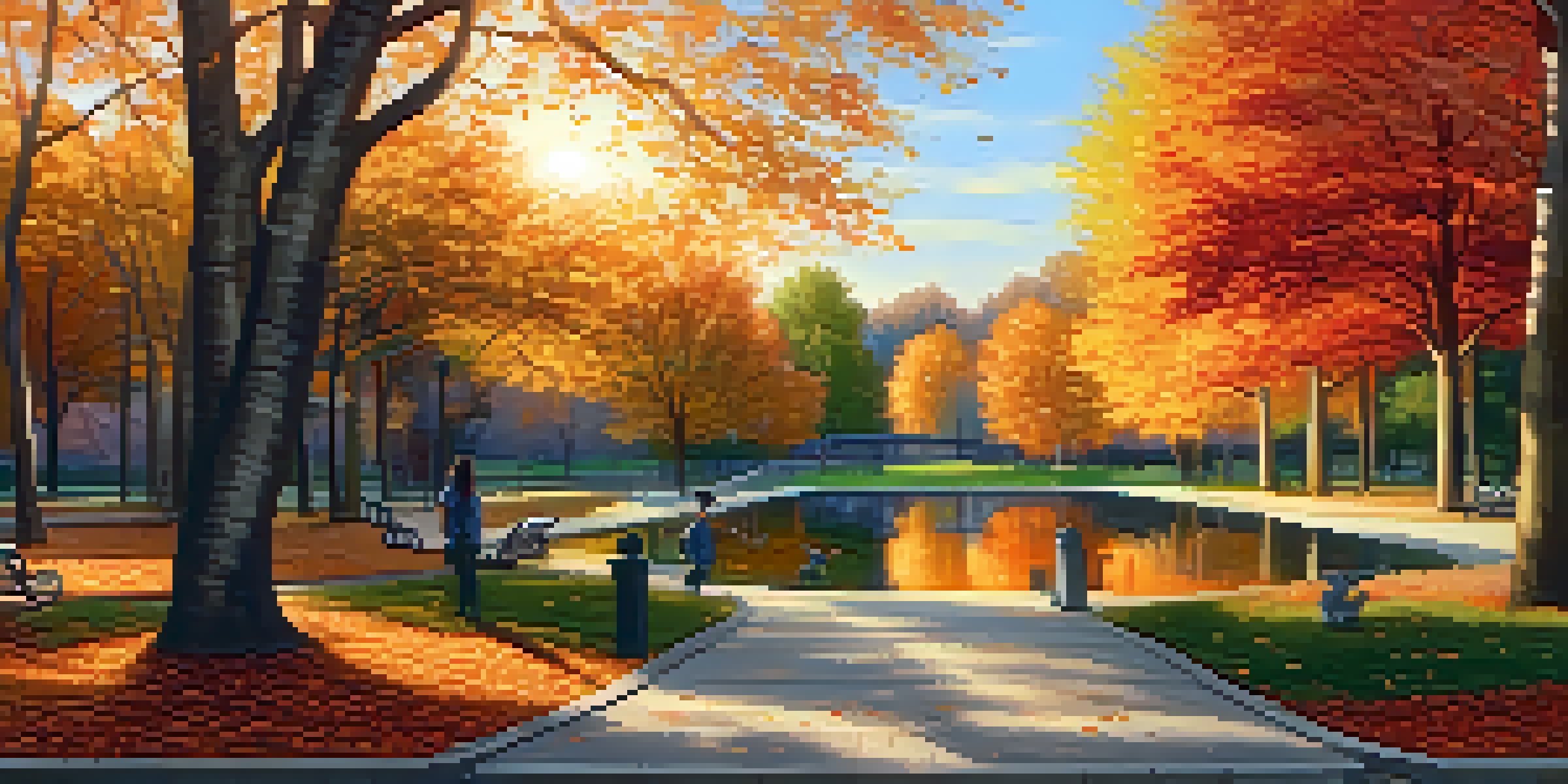 A peaceful autumn park with colorful leaves, a winding path, benches, and a pond reflecting the scenery during sunset.