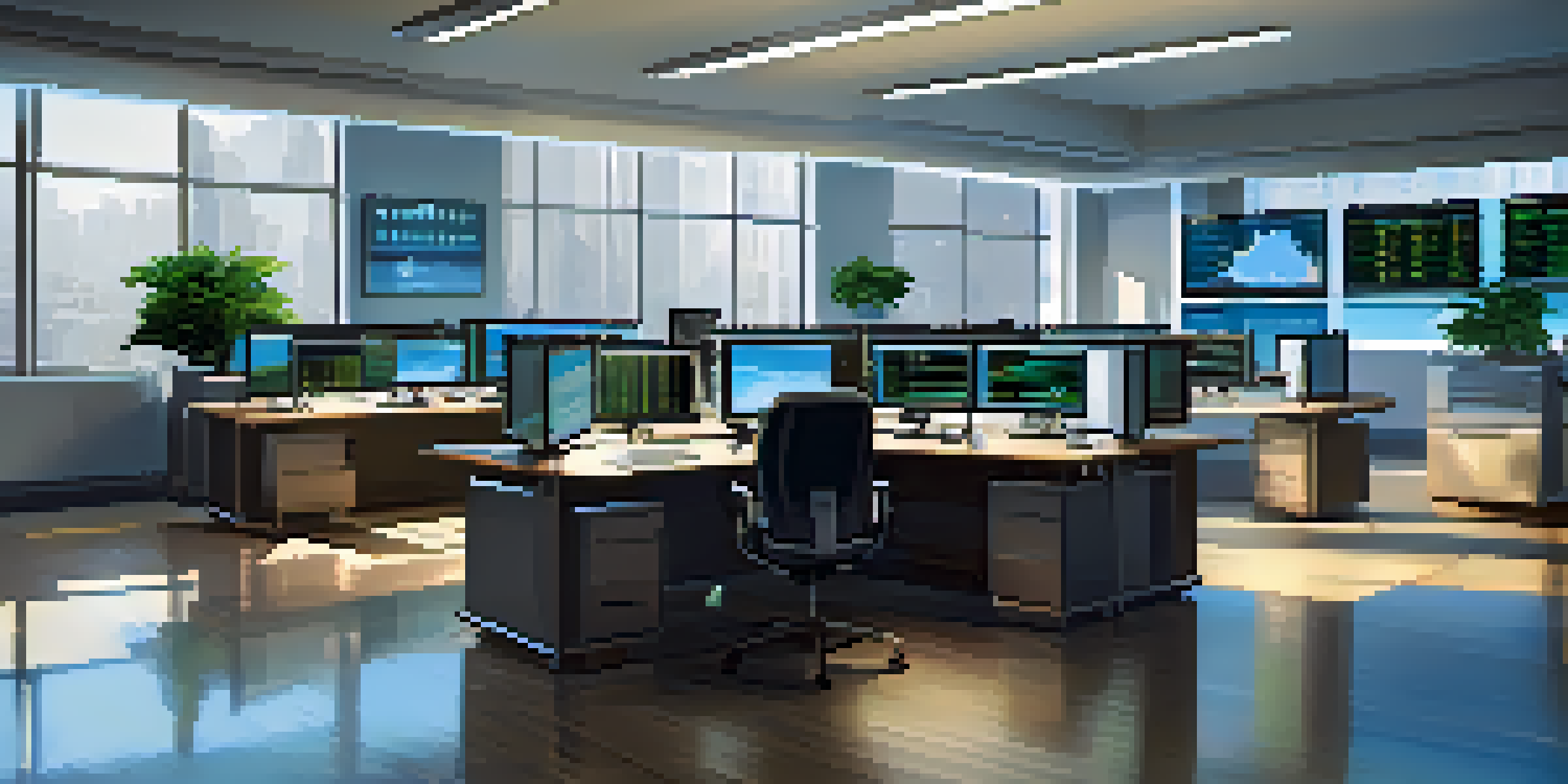 A trader in a bright office setting, looking at multiple screens with stock market data, surrounded by plants and natural light.