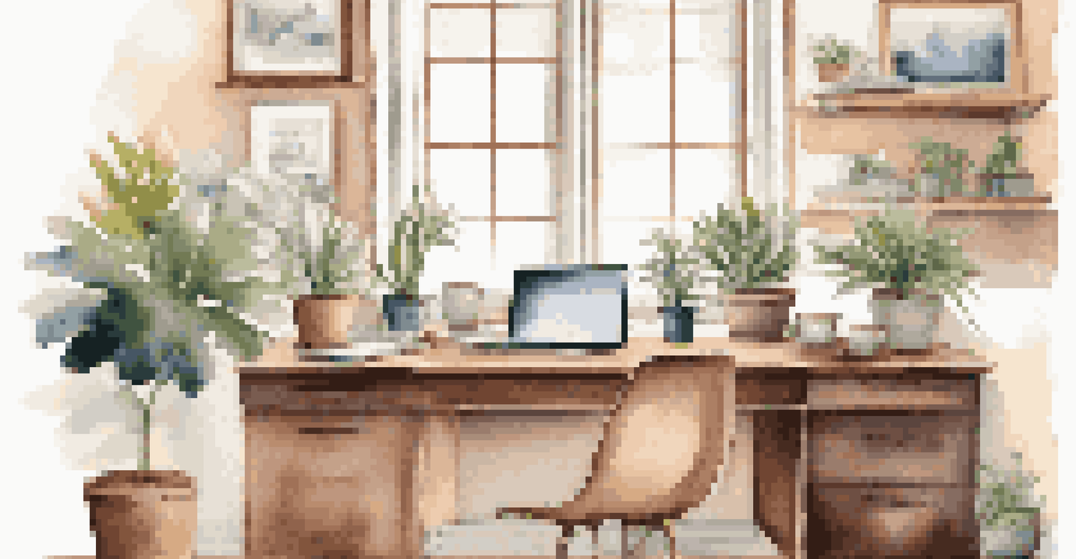 A cozy workspace with a laptop, plant, and coffee cup, illuminated by soft natural light.