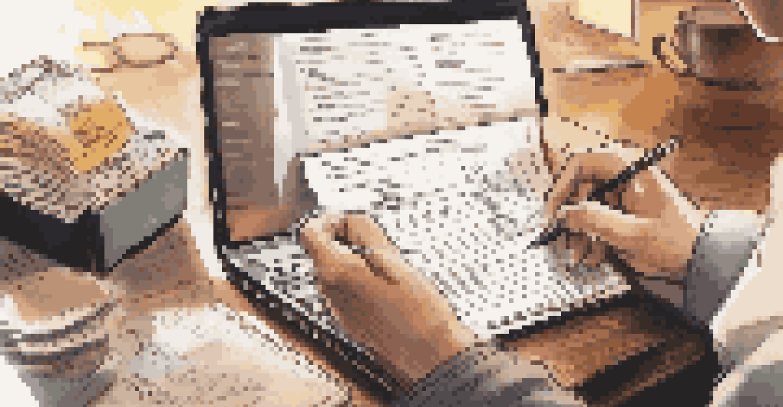 A close-up of a financial advisor's hands on a laptop with investment documents, a cup of coffee, and a notepad in the foreground.
