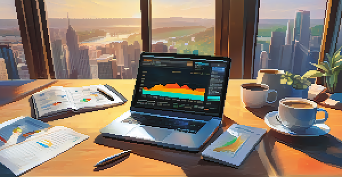 A financial analyst's desk with a laptop showing stock market graphs, colorful charts, notepads, and a cup of coffee, lit by warm sunlight.