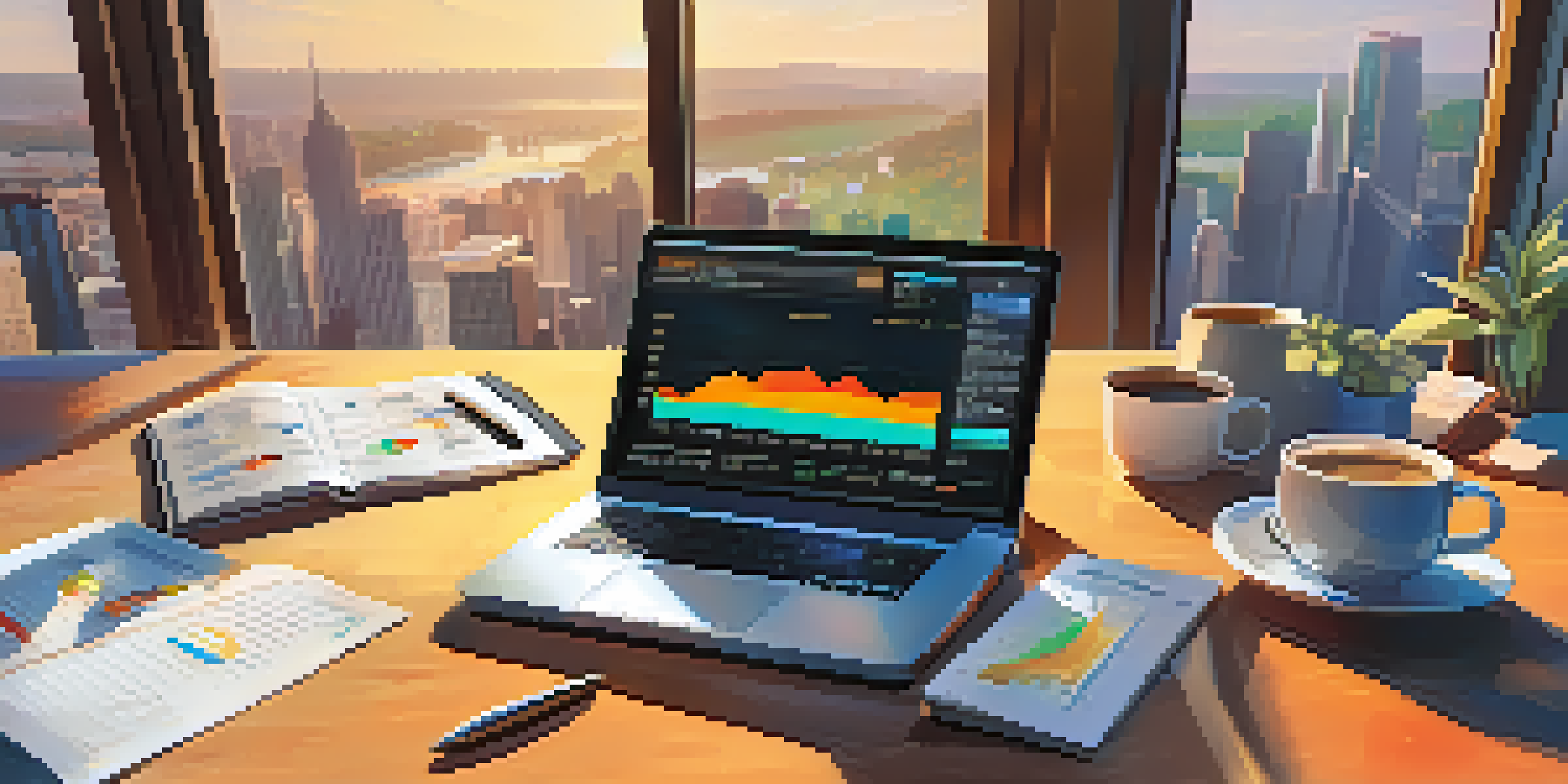 A financial analyst's desk with a laptop showing stock market graphs, colorful charts, notepads, and a cup of coffee, lit by warm sunlight.