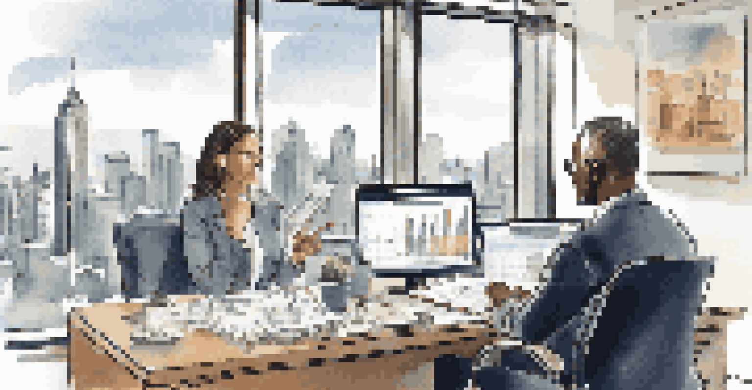 A financial advisor showing a pie chart on a laptop to a client in a modern office, discussing asset allocation strategies.