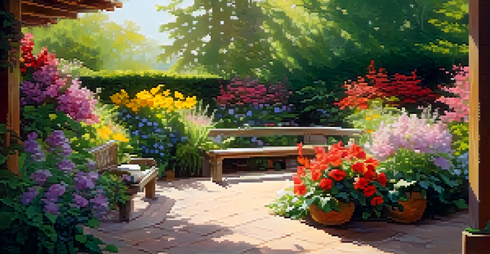A tranquil garden filled with colorful flowers and greenery, with sunlight filtering through the leaves, and a wooden bench in the foreground.