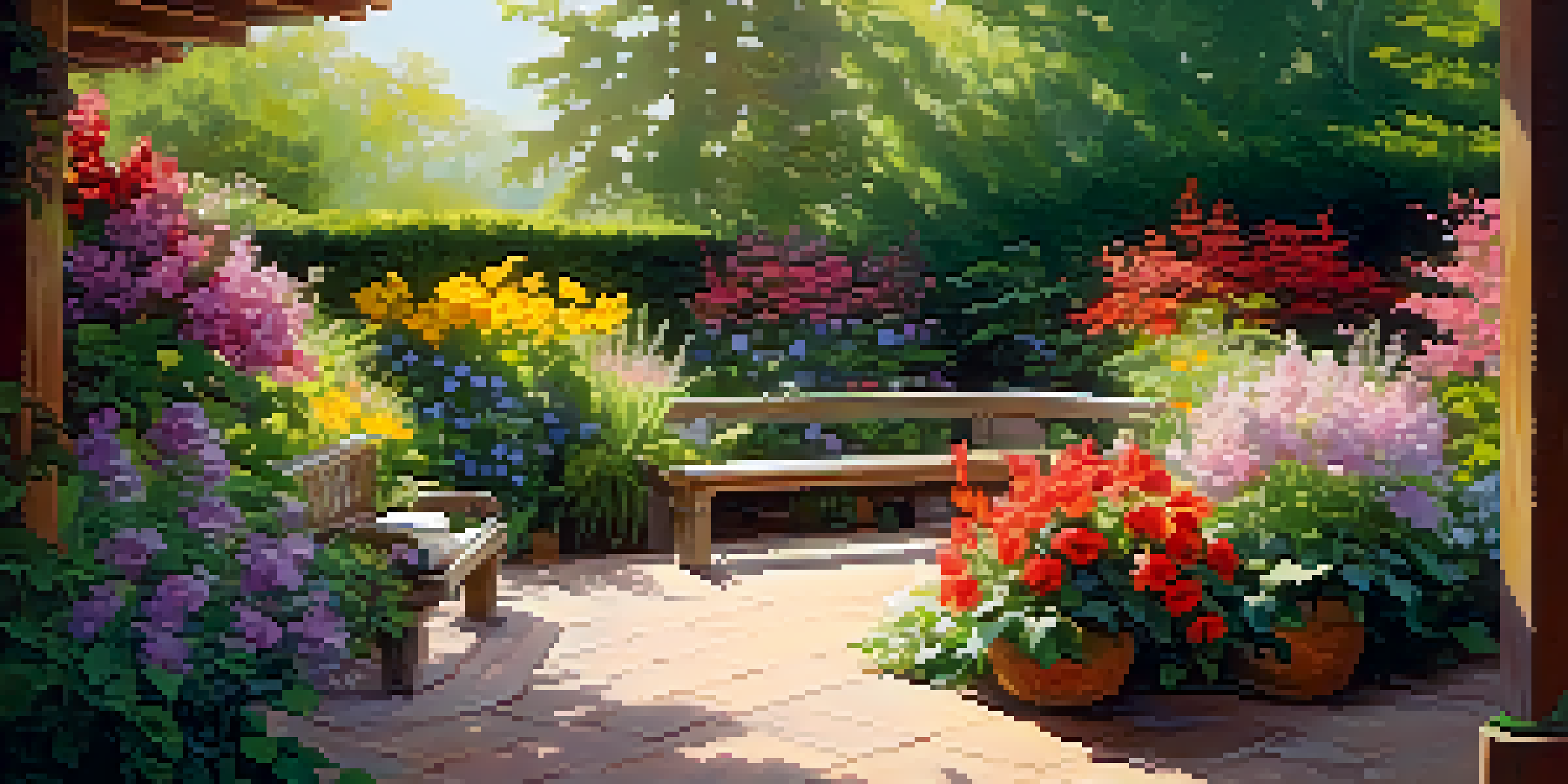 A tranquil garden filled with colorful flowers and greenery, with sunlight filtering through the leaves, and a wooden bench in the foreground.
