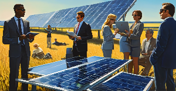 A solar farm with rows of solar panels and a diverse group of people discussing plans over a laptop.