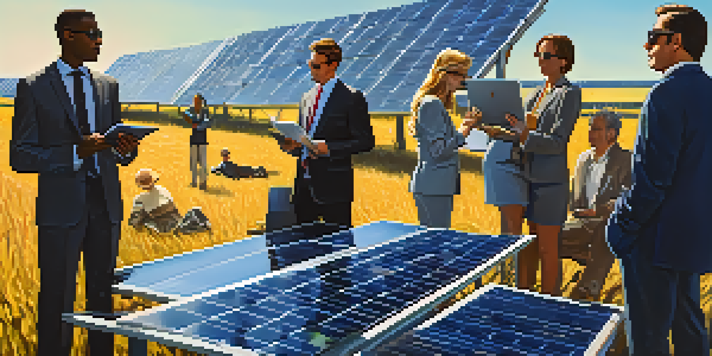 A solar farm with rows of solar panels and a diverse group of people discussing plans over a laptop.